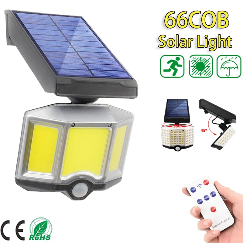 

66 LED COB Solar Wall Light Outdoor Human Induction Adjustable Light Waterproof Solar Panel Spotlight For Garden Street 3 Modes