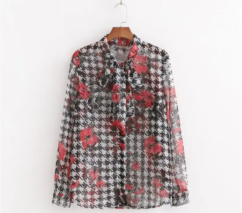 

HCBLESS Women Blouses 2019 autumn new Women's bow perspective printed shirt women's chiffon shirt