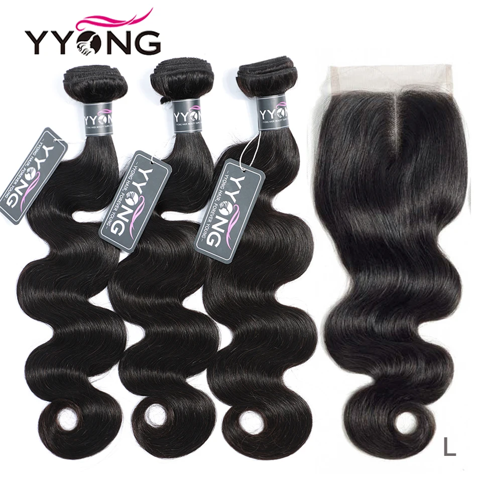 Onda do Corpo Pacotes com Fechamento Feixes de Cabelo Humano com Fechamento Yyong Cabelo Malaio Tecer Remy 4*4