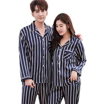 

Spring Autumn Women Sleep Pajama Sets Polyester Striped Full Sleeve Couple Sleepwear Imitation Silk Home Loose Causal Nightwear