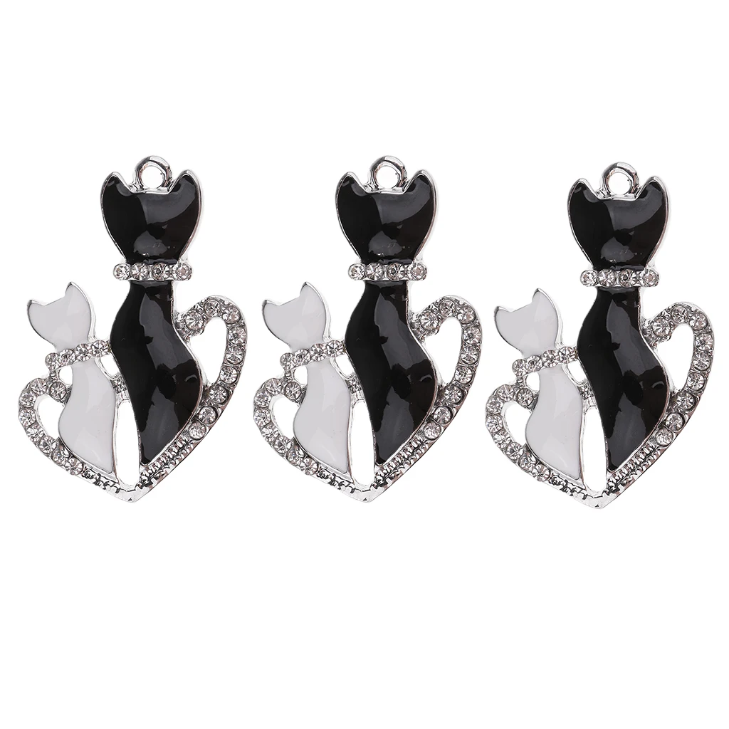 3pcs Rhinestone Enamel Charms for Jewelry Making silver color Tone Metal Love Heart Cat Pendant DIY Necklace Bracelet Accessories