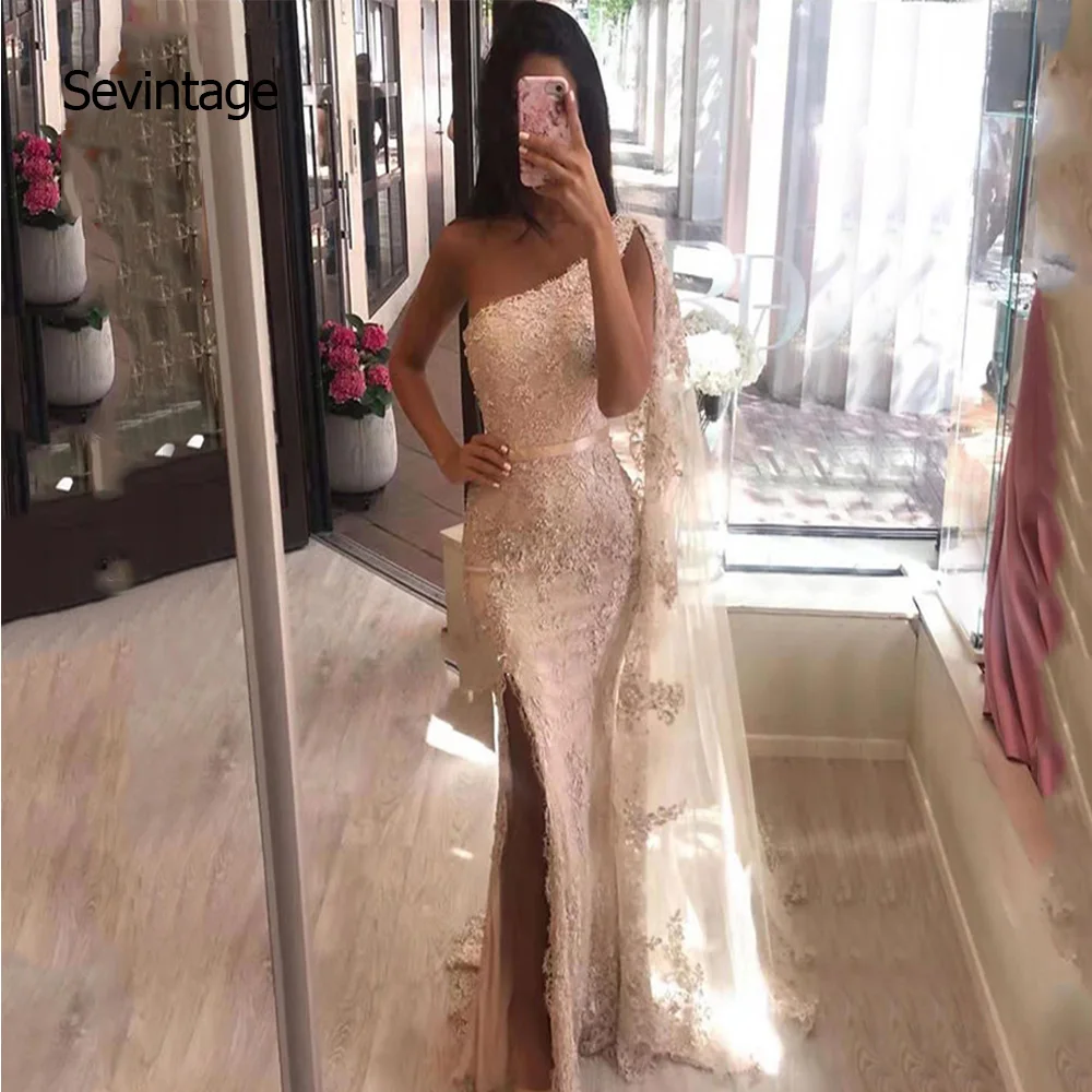 

Sevintage Straight One-Shoulder Prom Dresses Appliques Split Side Formal Party Gowns Satin Tulle Evening Dress vestido formatura