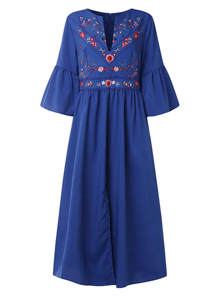 VONDA, женское богемное Платье с принтом, сексуальное, v-образный вырез, рукав с оборками, разрезное, макси платье, винтажное, повседневное, свободное, белое, Vestidos размера плюс - Цвет: Blue