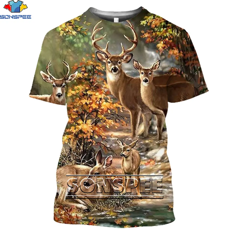 

SONSPEE 3D Deer Hunting Print T-Shirt Camouflage Wildlife Elk Sika Deer Casual Trend Short Sleeve Oversized Men's Street Top