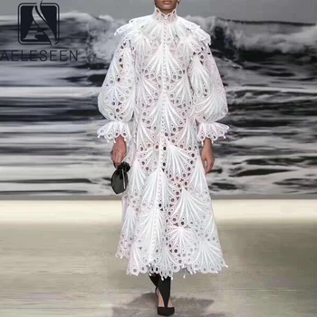 

AELESEEN Runway White Loose Dress 2020 Spring Summer Long Lantern Sleeve Hollow Out Button Ruffles Plus Size Party Holiday Dress