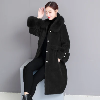 Women winter faux fox fur collar warm artificial sheep fur cashmere fabric medium long coat casacos abrigos plus size MLXLXXL4XL