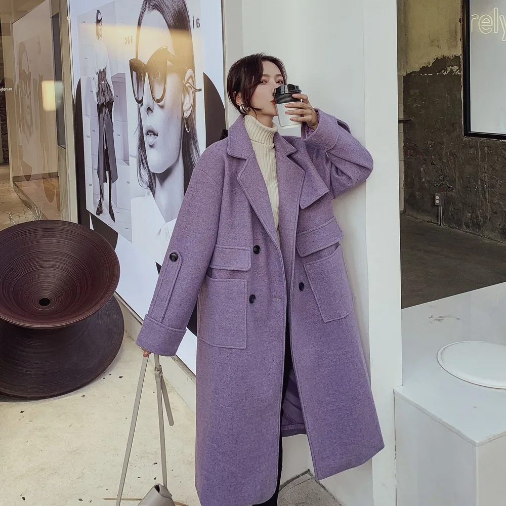

Photo Shoot Large Pocket Woolen Jacket 2019 Winter New Style WOMEN'S Dress Retro British Style Double Breasted Long Duffle Coat