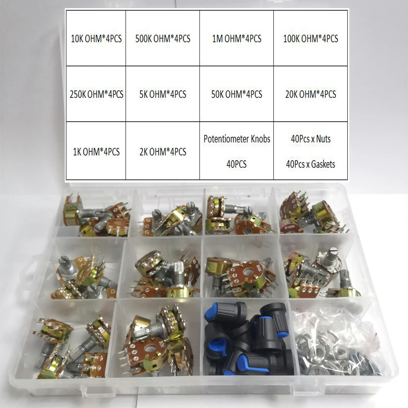 160pcs Wh148 15MM 듀얼 갱 스테레오 6핀 전위차계 키트 1k 2K 5k 10k 20k 50k 100k 500k 1Mwith 손잡이 단..