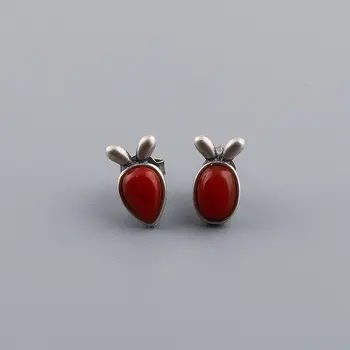 

FNJ carrot Earrings 925 Silver Original Pure S925 Sterling Silver Stud Earring Women Jewelry Red Agate Rubby