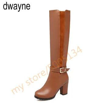 

Winter Warm Square High Heel Side Zipper Knee High Boots Fashion Round Toe Shoes Woman Brown White Black