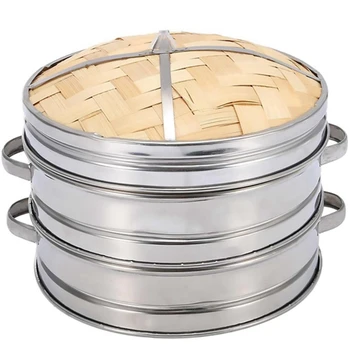 

2 Tier 20Cm Bamboo Steamer Basket With Cover Cookware Kitchen For Dumpling Fish Rice Vegetable Pasta Chinese Heating Steaming Ba
