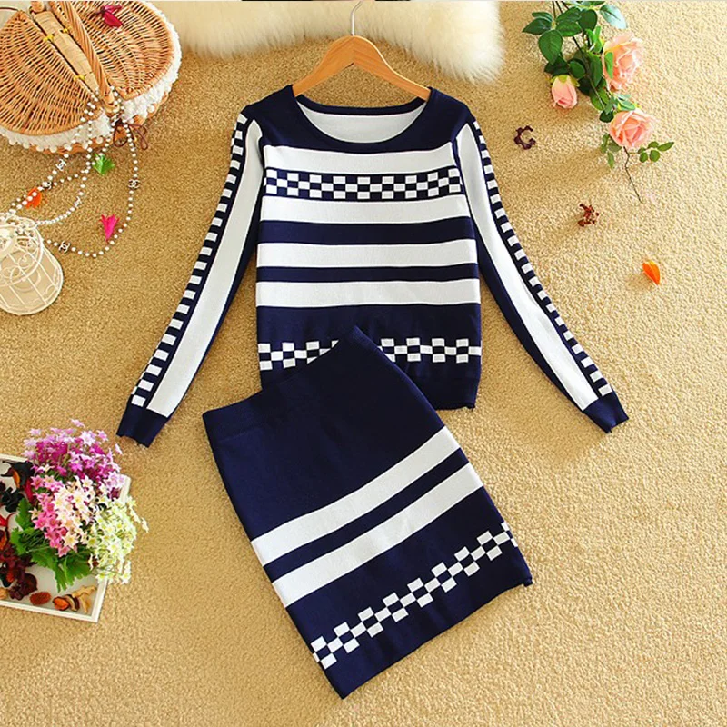 

2019 Winter Long sleeve Knitted Geometric Skirt Suits New Fall Women's Knit Sweater Tops and Skirt 2pcs Suits Black BLue Red
