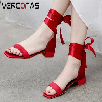 

VERCONAS Women Bandage Classic Design Lace Up Square Toe Thick Heel Night Club Pumps High Heeled Sandals Shallow Shoes Woman