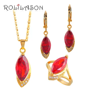 

ROLILASON Party Sets gold Tone Zircon Zircon Jewelry Sets Earrings Necklace Ring Sz #7.5#6.5 #8.5 #8 #9 Fashion Jewelry JS281