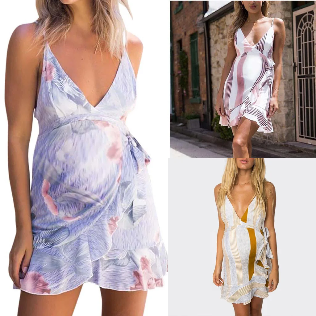 New Striped Printed Strap V-neck Bow Pregnant Dress Maternity Sexy Lace Club Gown | Мать и ребенок