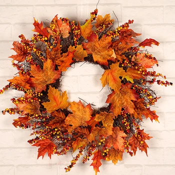 

1 Pcs 45cm Maple Wreath Autumn Maple Leaf Berry Wreath Thanksgiving Halloween Door Window Home Decor
