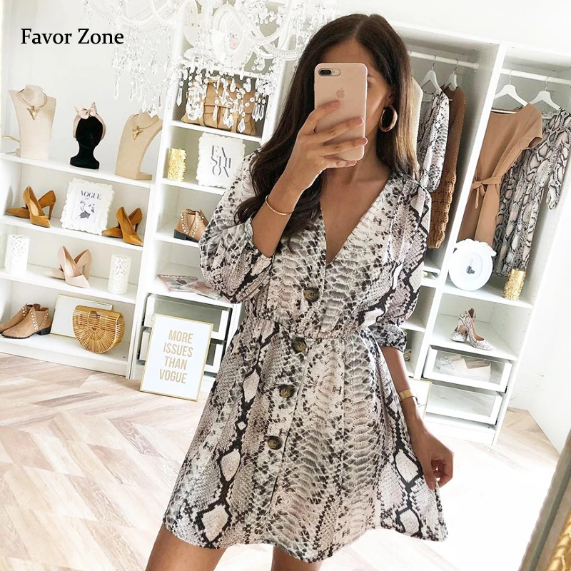 

Snake Print Mini Dress Women V-neck Button Half Sleeve Chiffon Dress Spring Autumn Plus Size Sexy Party Dresses Vintage Vestidos