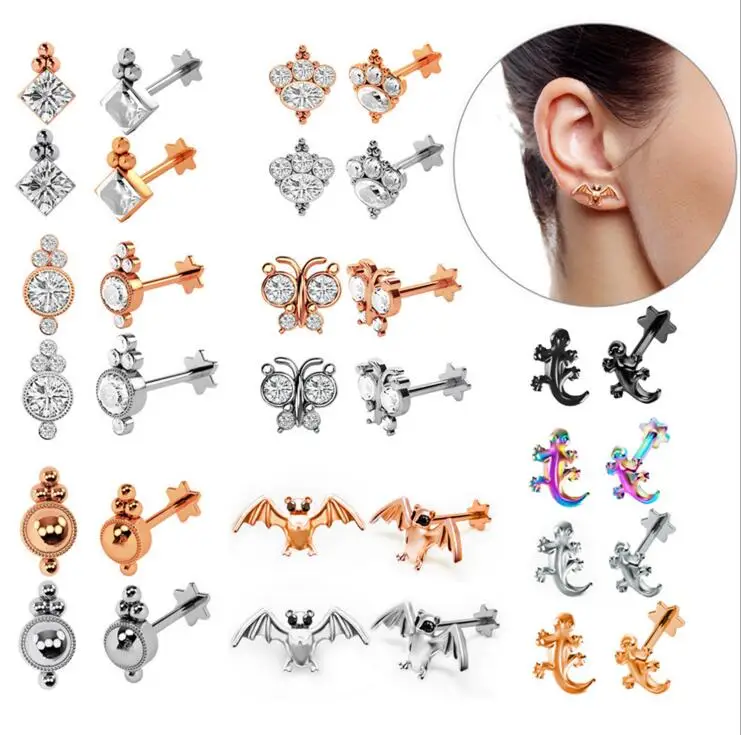 

2PCS New Gold Gecko Square Crystal Tragus Ear Piercing Plug Stainless Steel Daith Earrings Helix Cartilage Labret Lip Studs