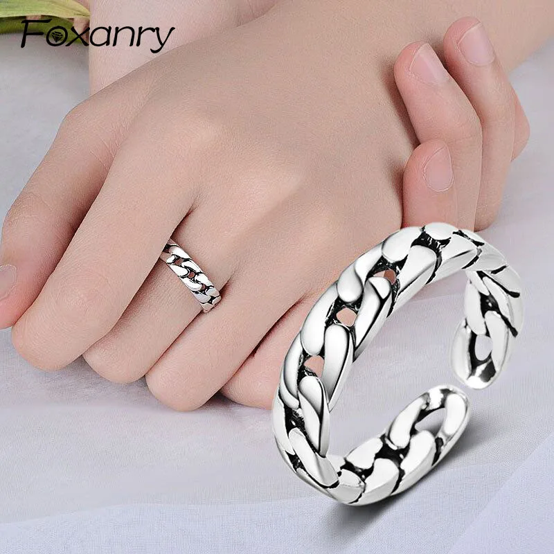 

Foxanry 925 Sterling Silver Rings for Women Couples Vintage Simple Chain Twining Handmade anillos Party Accessories Jewelry Gift