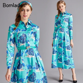 

Bornladies New 2020 Fashion Runway Designer Summer Slik Dress Women's Turn Down Neck Animal Print Blue Midi Vintage Dress