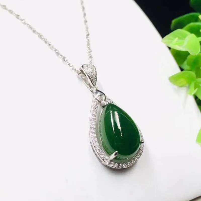 Подвеска Hetian Jade Jasper, натуральная вода, шпинат, зеленый нефрит, яйцо, лапша, с 925 серебром, подвеска в виде капли воды, модный стиль - Цвет камня: Зеленый