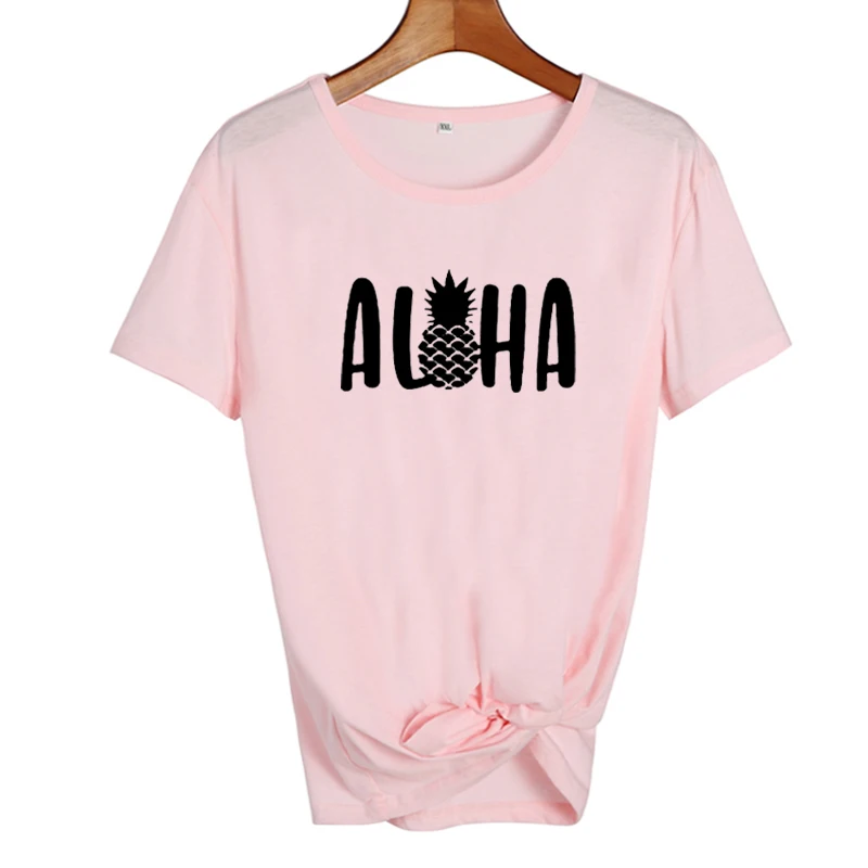 Надпись "Алоха Гавайи" Harajuku tumblr футболка летние хлопковые топы женские футболки с принтом ананаса каникулы Графические футболки черные белые футболки - Цвет: pink-black