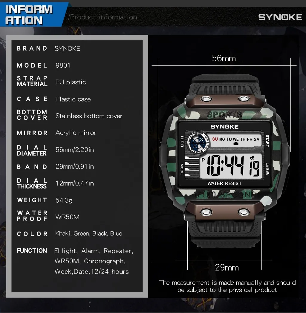 SYNOKE Sport Watch Men 50M Waterproof 10-year Battery Digital Watch Men Led Light Stopwatch Wrist Watch Men's Reloj Hombre 9801