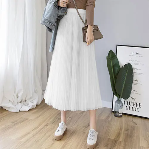 Женская длинная юбка-пачка из тюля TIGENA, плиссированнаяюбка макси с высокой талией для женщин - Цвет: Белый