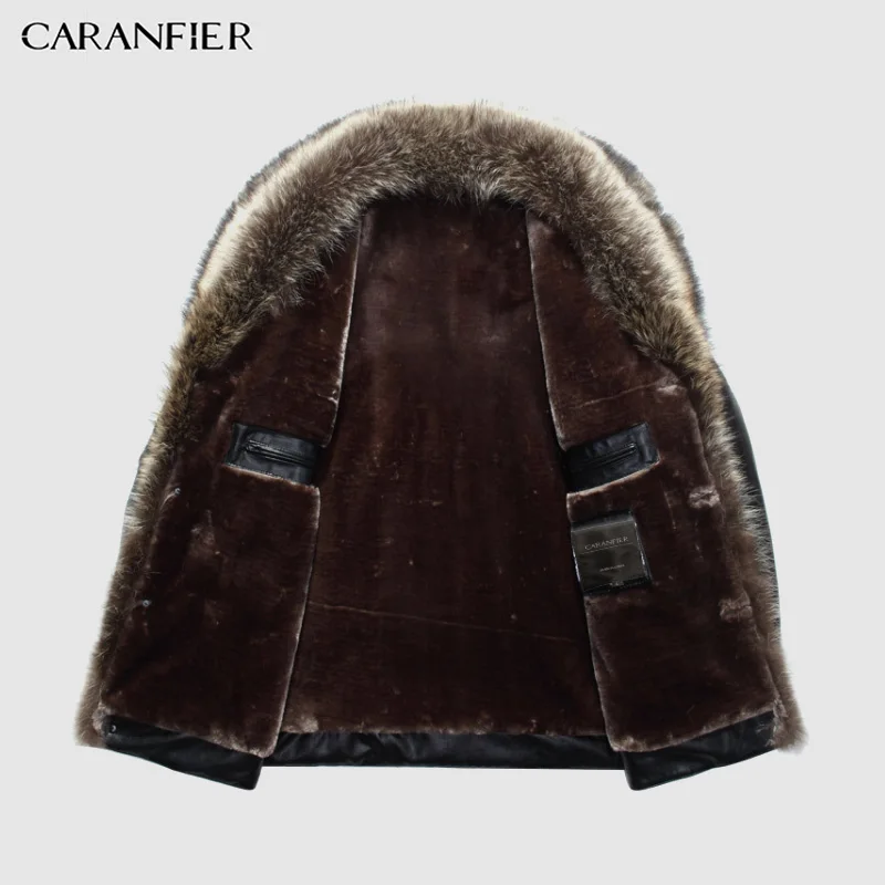 CARANFIER, воротник из натурального меха енота, мужские Куртки из искусственной кожи, зимнее утепленное пальто, Jaqueta De Couro Chaqueta, мужские Куртки из искусственной кожи