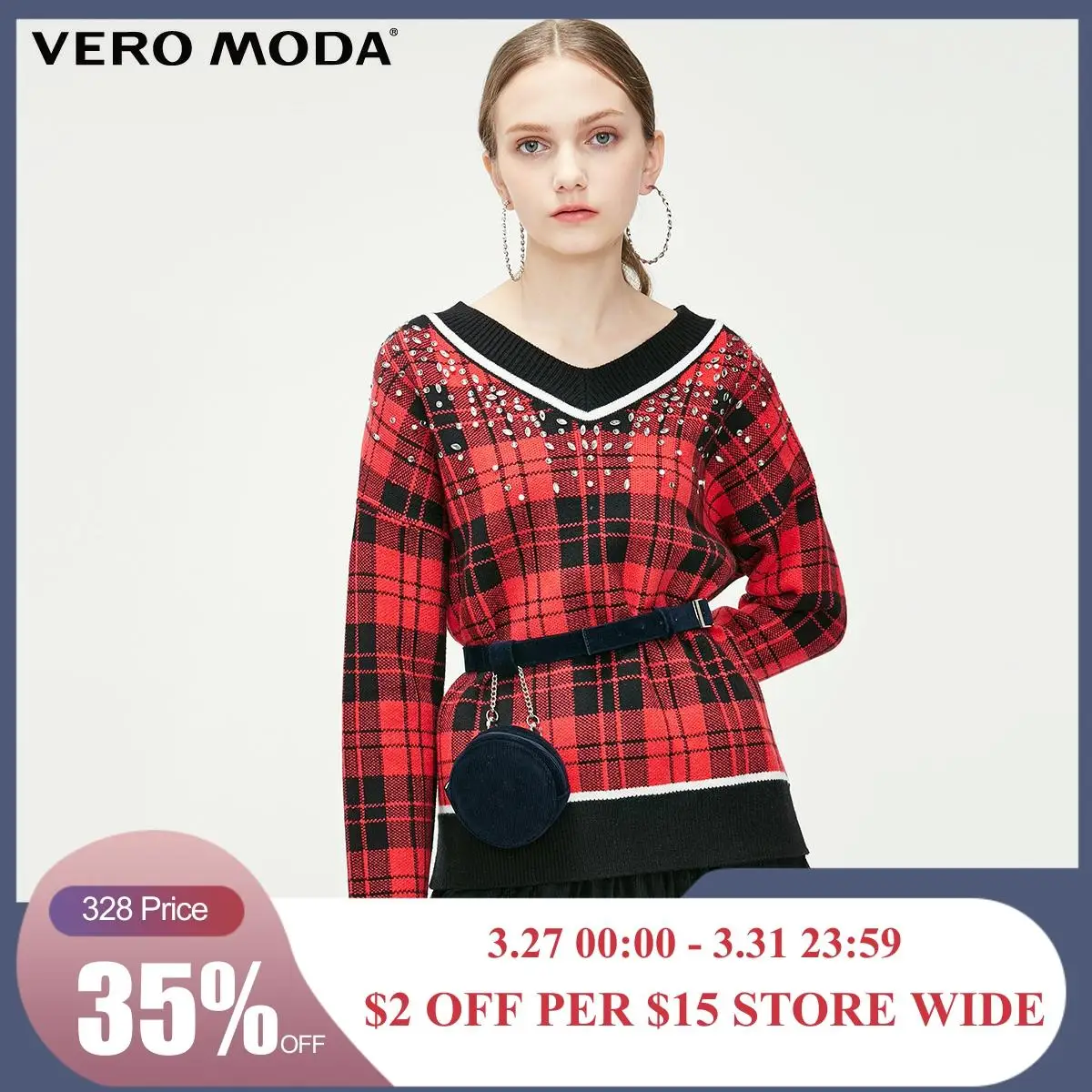 

Vero Moda Women's Loose Fit Plaid Decorative Rhinestones Sweater Knit Tops | 319113540