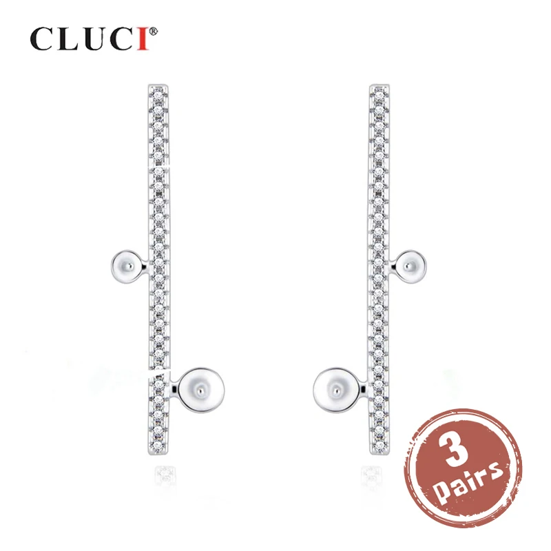 

CLUCI 3 pair Women 925 Sterling Silver Rectangle Stud Earring for Party Simple Zircon Pearl Earring Mounting Jewelry SE126SB