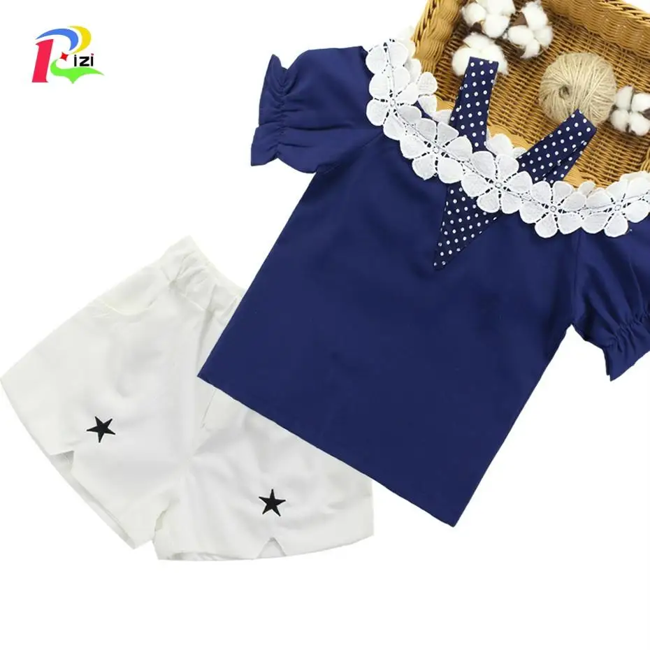 Rizi/Летняя одежда для девочек кружевная рубашка + шорты комплект из 2 предметов