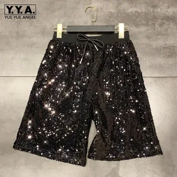 

Summer Sequined Knee-Length Wide Leg Shorts Women Street Elastic Waist Loose Shorts Comfort Fashion Black Silver Straight Shorts