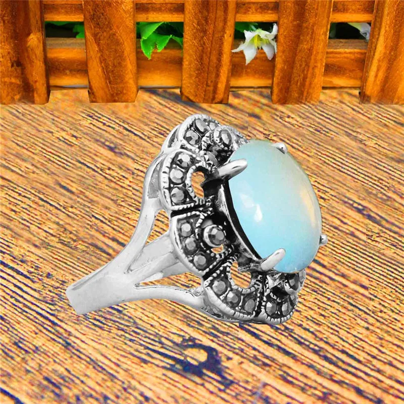 Oval Transparent Opal Rings For Women Antique Silver Plated Rhinestone Plum Flower Vintage Jewelry TR706