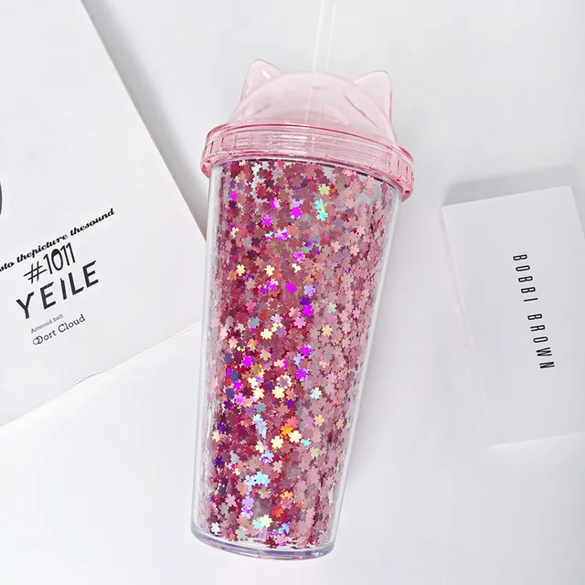 Double Layer Pipette Cup With Flash In The Shape Of Cat's Ear Candy Colors Tea Juice Coffee With Lid Straw Water Bottle Cups Pink
