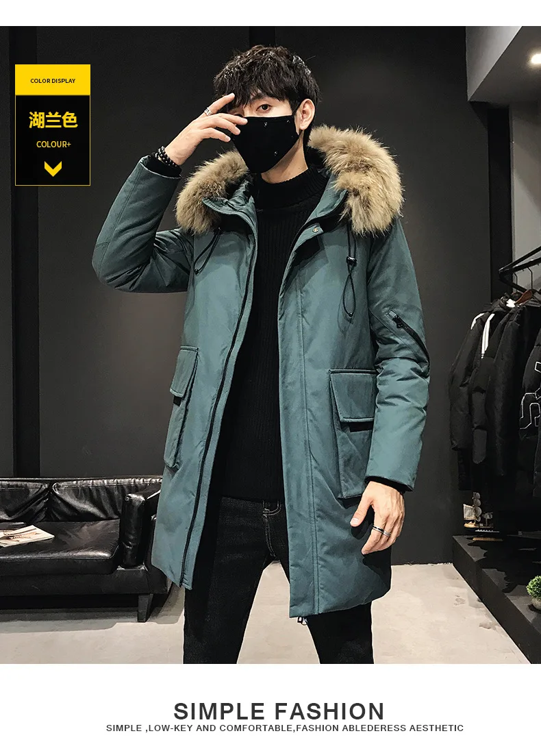 Пуховик Для Мужчин's средней длины Slim Fit большой меховой воротник плотное пальто молодежная мода теплые сапоги выше колена, верхняя одежда