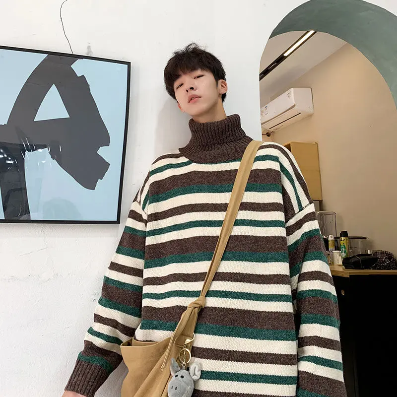 

Winter Turtleneck Sweater Men's Warm Fashion Casual Knit Pullover Men Streetwear Loose Stripes Knitting Sweaters Mens Clothes