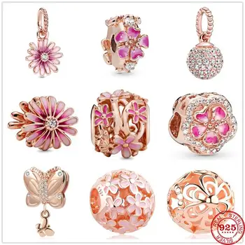 

Newst 925 Sterling Silver Beads Pink Daisy Flower Dangle Charm Rose Gold Fit Original Pandora Charms silver 925 Bracelet Jewelry