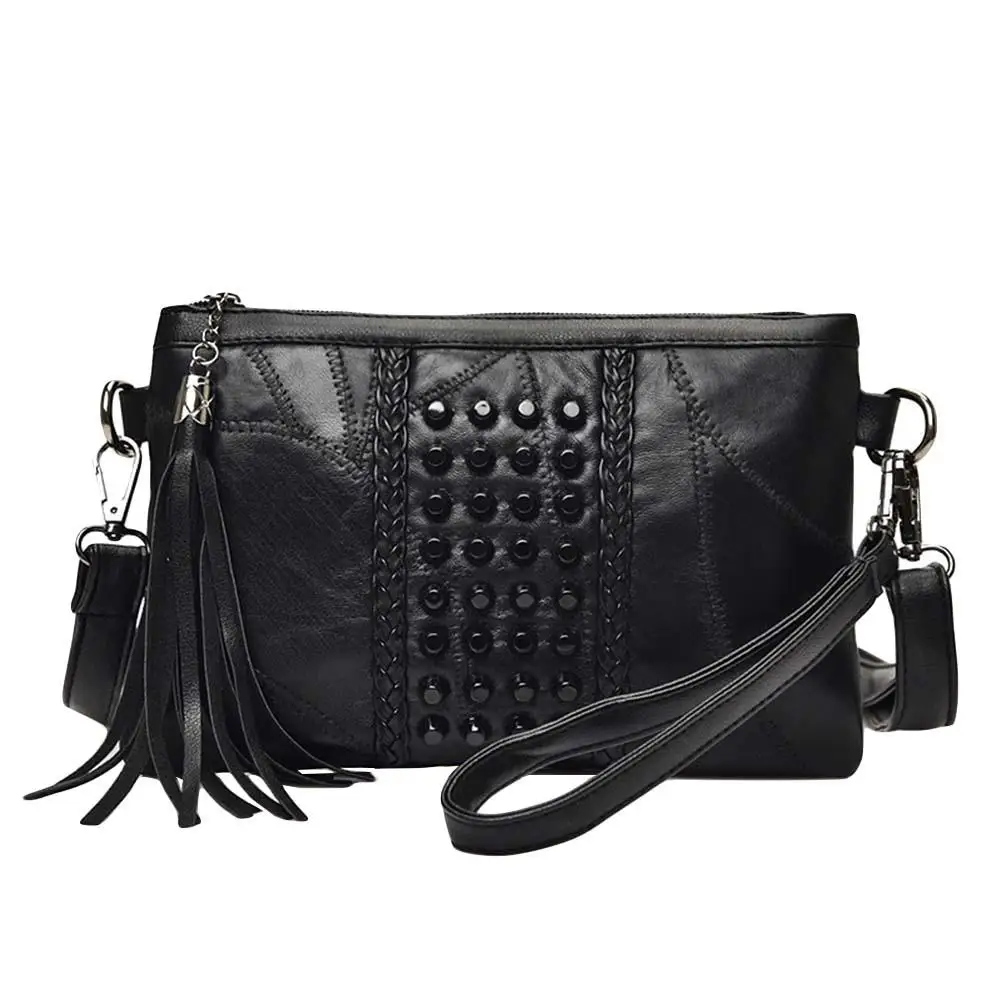

Fashion Women Solid Color Tassel Zipper Studded Wristlet Crossbody Shoulder Bag Clutches Chain Crossbody Bags Tote