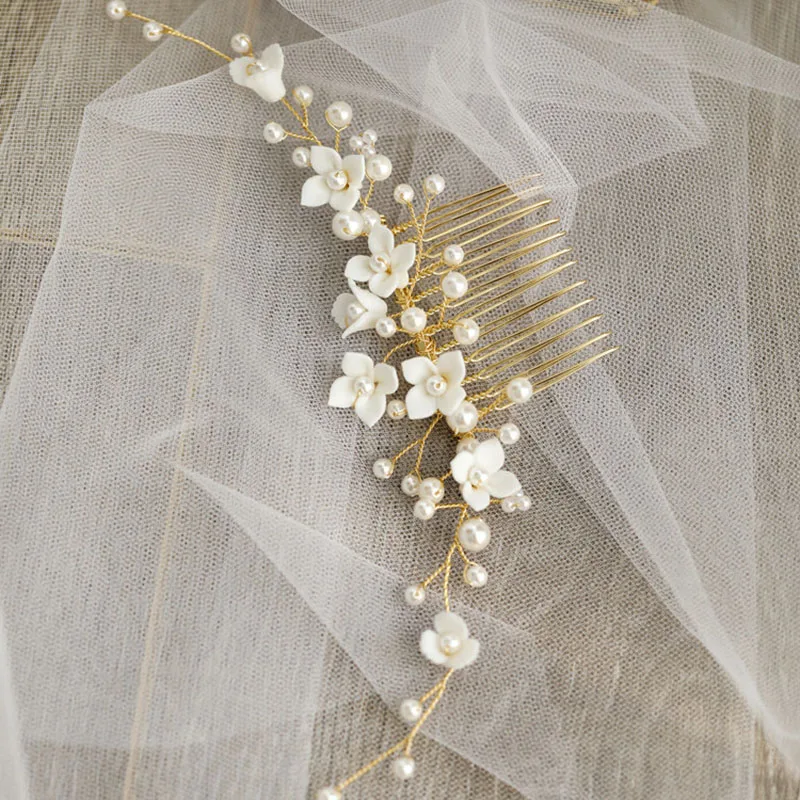 Floralbride Handmade Wired Alloy Pearl Ceram Flower Bridal Hair Comb Wedding Headdress Hair AccessoriesBridesmaids Women Jewelry