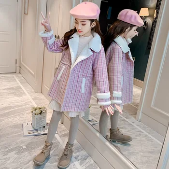 

Children Winter Coat Girl Blue Pink 2 Color Thicken Velvet Plaid Overcoat Kids Loose Outerwear Casual Woolen Medium Length Coats