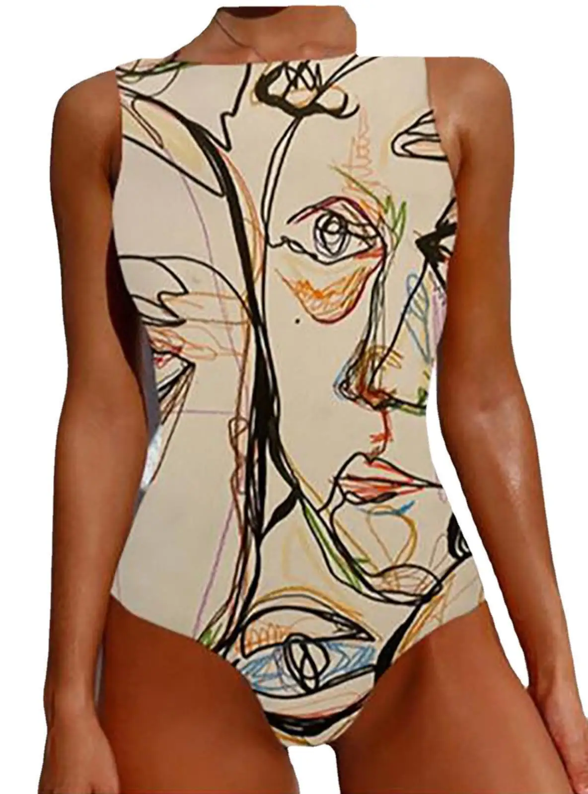 

One-piece Swimsuit Women Abstract Printing Monokini Patchwork 2021 Summer O-neck Sexy Beach Bathing Suit Ladies Swimwear