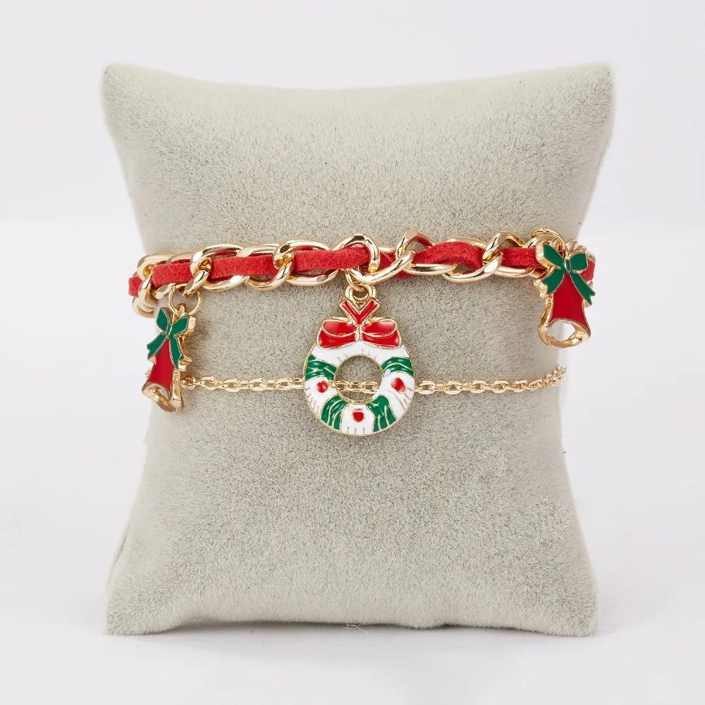 Rinhoo Christmas Adjustable Bracelets Women Santa Claus Elk Xmas Tree Gloves Wreath Snowman Moon Bells Double-layer Bracelets