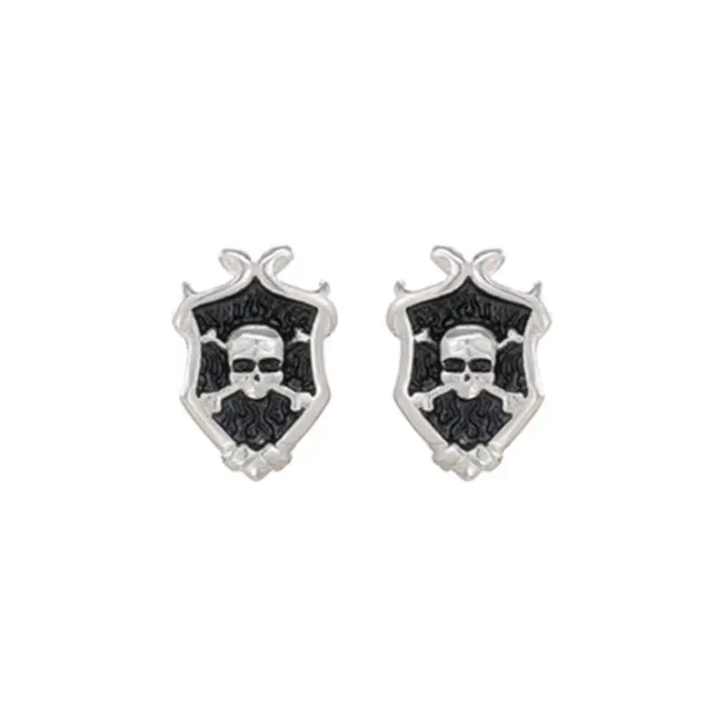

New Halloween Ear Post Stud Earrings Znic Alloy Black Shield Skull Earring For Women Girls Holiday Jewelry Gifts, 1 Pair