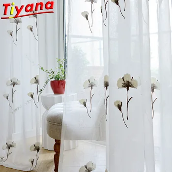 

Pastoral Kapok Embroidered Curtians for Living Room White Embroidered Tulle Window Treatments Fancy Floral Curtain X-WP009-30