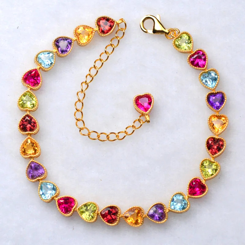

garnet /topaz/peridot/amethyst/citrine heart 4mm& s925 chain bracelet 17cm colorful