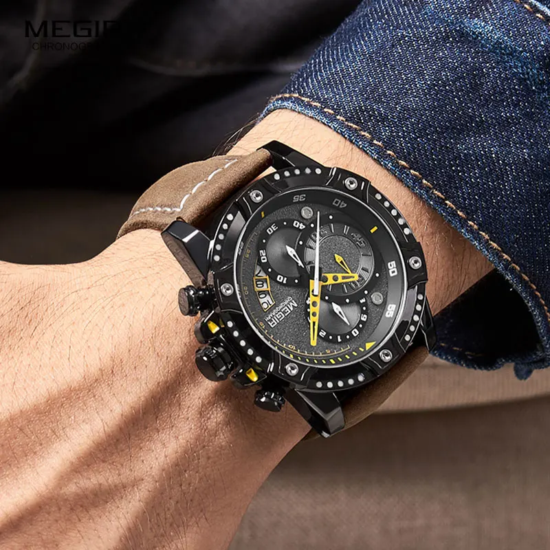 MEGIR повседневные мужские часы лучший бренд класса люкс Хронограф Кварцевые наручные часы кожаный ремешок армейские спортивные наручные часы relogios Masculio 2130