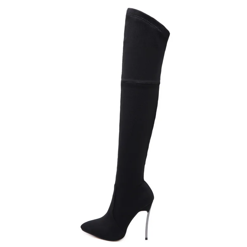 Black Suede Boots Сапоги выше колена на очень высоком каблуке; женские сапоги на шпильке; г. Узкие эластичные сапоги до колена; большие размеры 42-43 - Цвет: Black Suede Boots