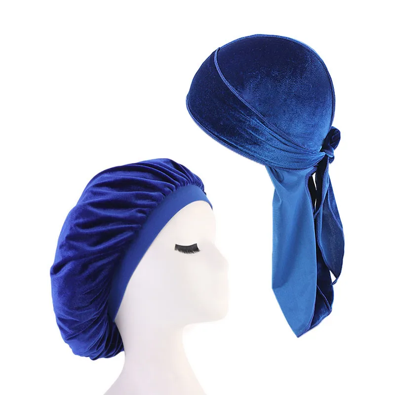 Унисекс длинный хвост бархат дюраг и шляпка набор для женщин шапка для сна Doo Rag дышащая бандана химиотерапия шляпа головные уборы аксессуары для волос - Цвет: Blue