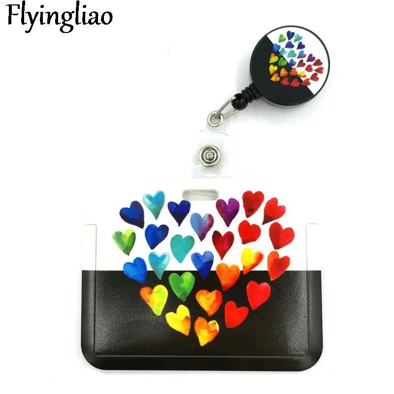 Rainbow Color Hearts Love Cute Card Cover Clip Lanyard Retractable Student Nurse Badge Reel Clip Cartoon ID Card Badge Holder pink cherry blossoms creative cute card cover clip lanyard retractable student nurse badge reel clip cartoon id card badge